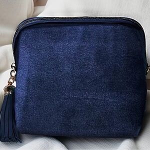 Navy Velvet Zipper Pouch Bag with Tassel